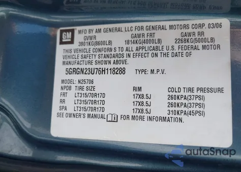 2006 Hummer H2 Suv из США, поврежденный, VIN 5GRGN23U76H118288